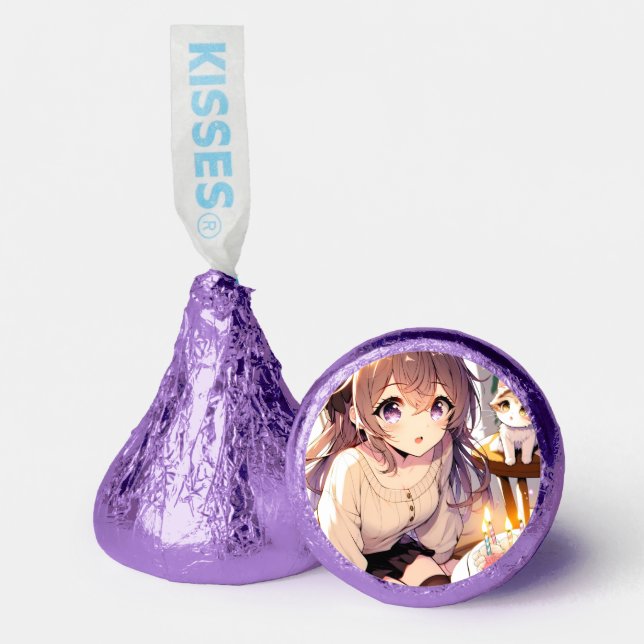 Pretty Anime Girl with Kitten and Birthday Cake Hershey®'s Kisses® (Front)