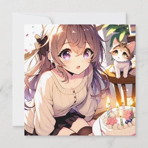 Pretty Anime Girl with Kitten and Birthday Cake Invitation