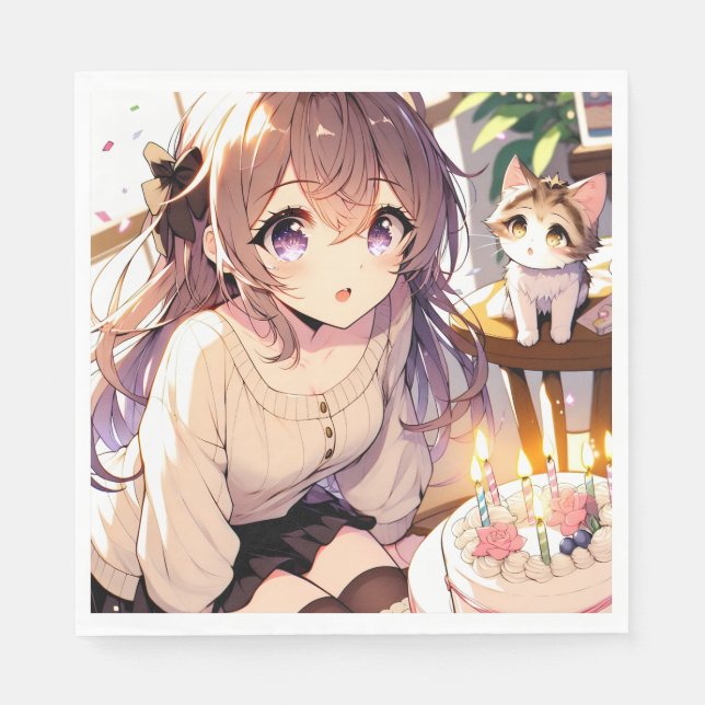 Pretty Anime Girl with Kitten and Birthday Cake Napkins (Front)