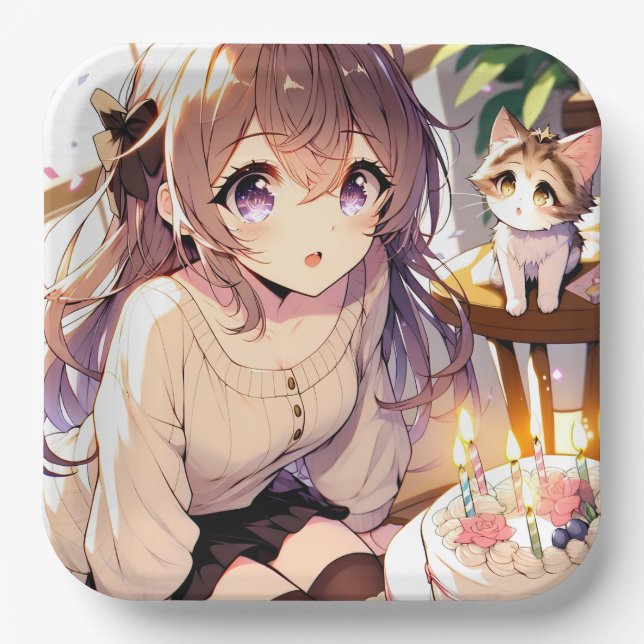 Pretty Anime Girl with Kitten and Birthday Cake Paper Plates (Front)