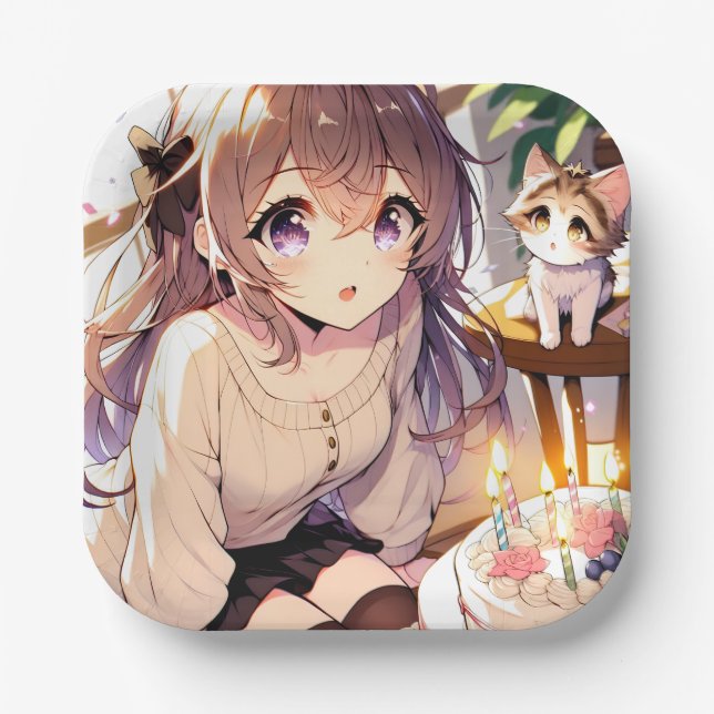 Pretty Anime Girl with Kitten and Birthday Cake Paper Plates (Front)