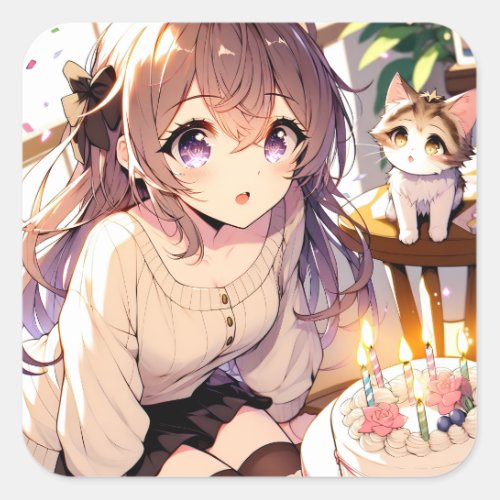 Pretty Anime Girl with Kitten and Birthday Cake Square Sticker