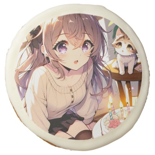 Pretty Anime Girl with Kitten and Birthday Cake Sugar Cookie