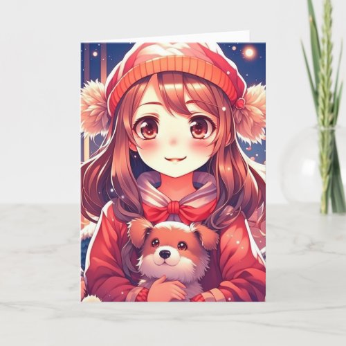Pretty Anime Girl with Puppy and Ear Muffs Holiday Card