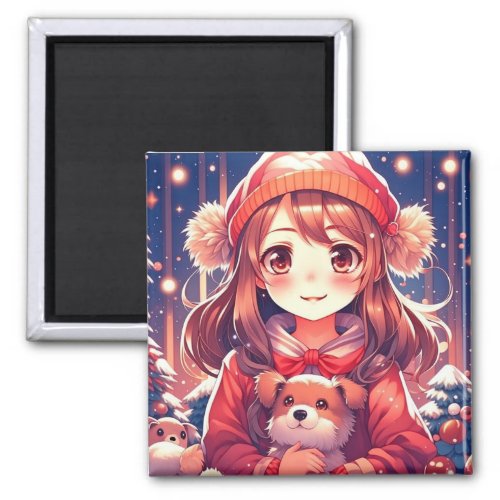 Pretty Anime Girl with Puppy and Ear Muffs Magnet