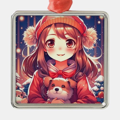 Pretty Anime Girl with Puppy and Ear Muffs Metal Ornament