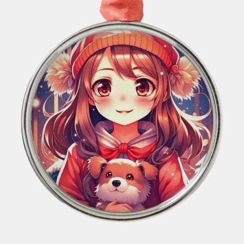 Pretty Anime Girl with Puppy and Ear Muffs Metal Ornament