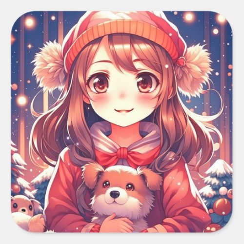 Pretty Anime Girl with Puppy and Ear Muffs Square Sticker