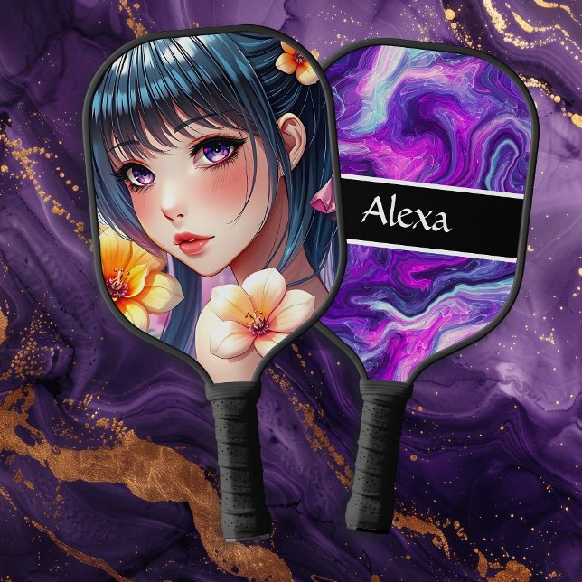 Pretty Anime Girl with Purple Eyes Personalized Pickleball Paddle (Creator Uploaded)