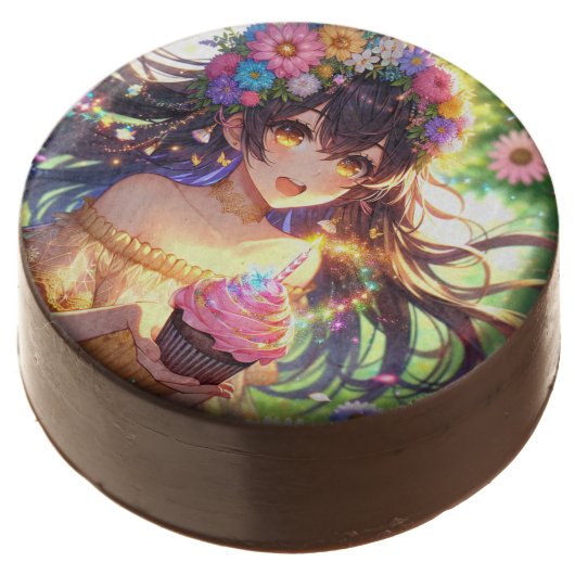 Pretty Anime Girl's Birthday Cupcake Chocolate Covered Oreo (Angled)