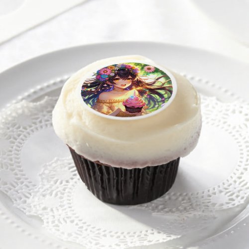 Pretty Anime Girls Birthday Cupcake Edible Frosting Rounds