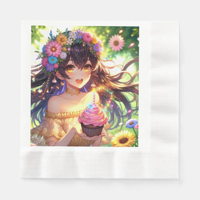 Pretty Anime Girl's Birthday Cupcake Napkins (Front)