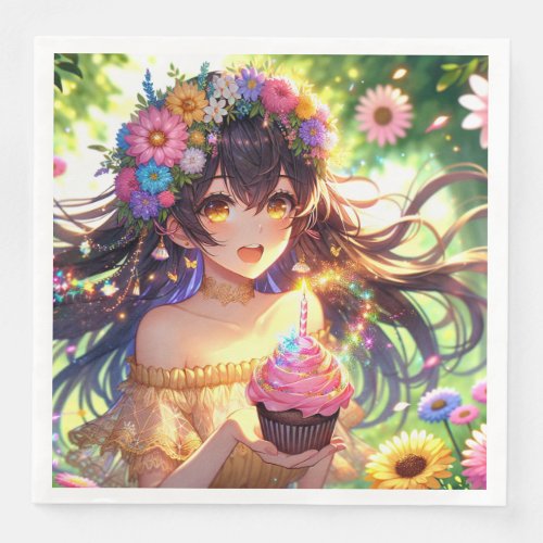 Pretty Anime Girls Birthday Cupcake Paper Dinner Napkins