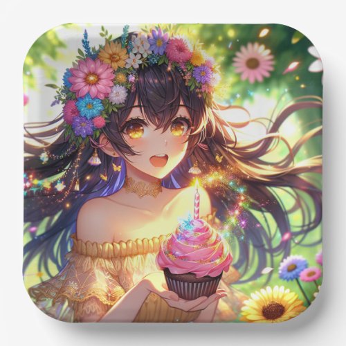 Pretty Anime Girls Birthday Cupcake Paper Plates