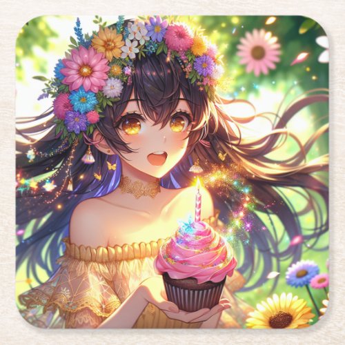 Pretty Anime Girls Birthday Cupcake Square Paper Coaster