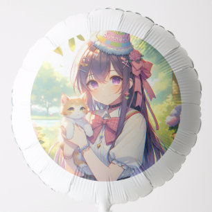 Pretty Anime Holding Kitten Girl's Birthday Balloon