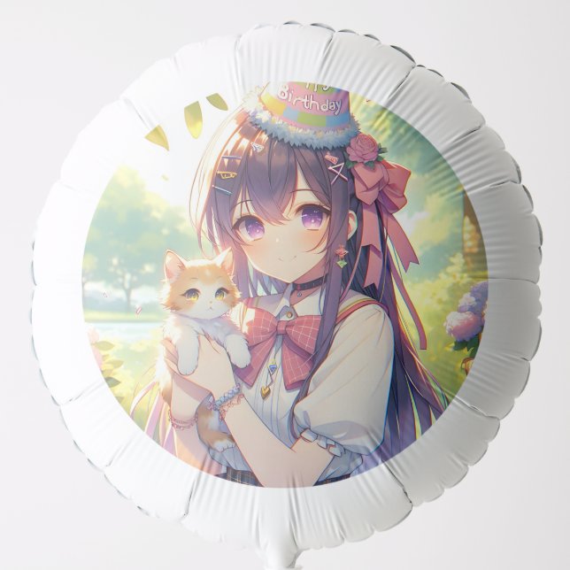 Pretty Anime Holding Kitten Girl's Birthday Balloon (Front)