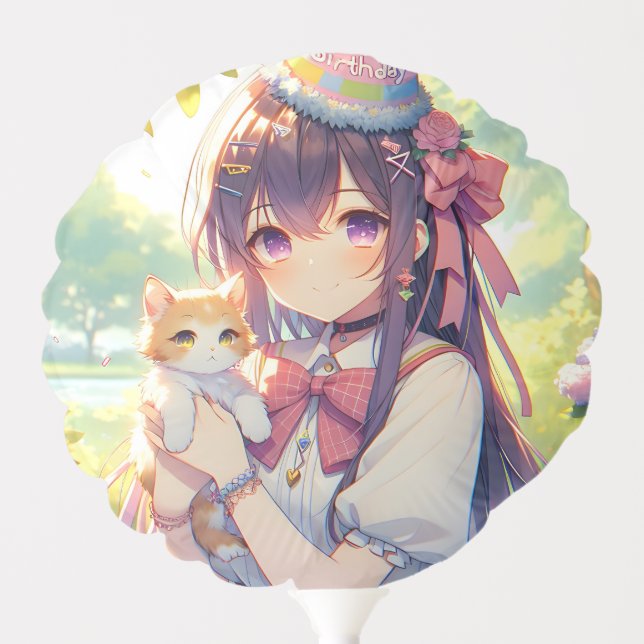 Pretty Anime Holding Kitten Girl's Birthday Balloon (Front)