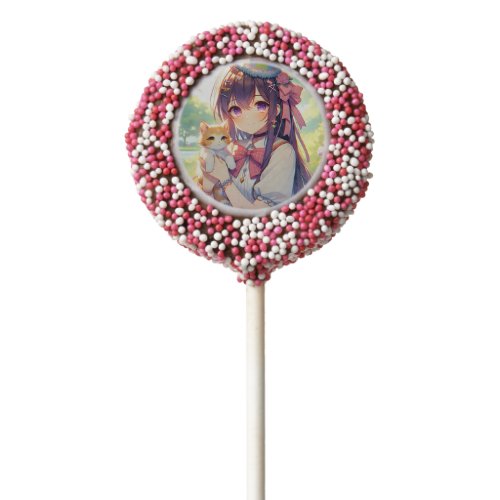 Pretty Anime Holding Kitten Girls Birthday Chocolate Covered Oreo Pop