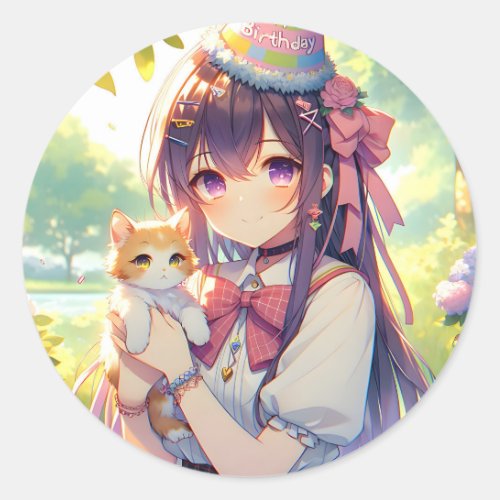 Pretty Anime Holding Kitten Girls Birthday Classic Round Sticker