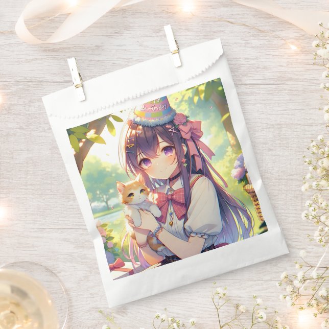 Pretty Anime Holding Kitten Girl's Birthday Favor Bag (Clipped)