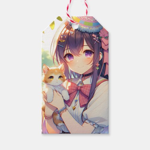 Pretty Anime Holding Kitten Girls Birthday Gift Tags