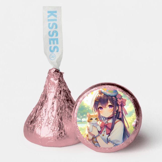 Pretty Anime Holding Kitten Girl's Birthday Hershey®'s Kisses® (Front)