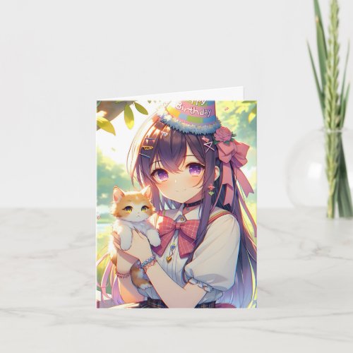 Pretty Anime Holding Kitten Girls Birthday Invitation