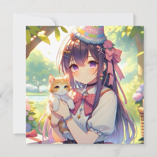 Pretty Anime Holding Kitten Girls Birthday Invitation