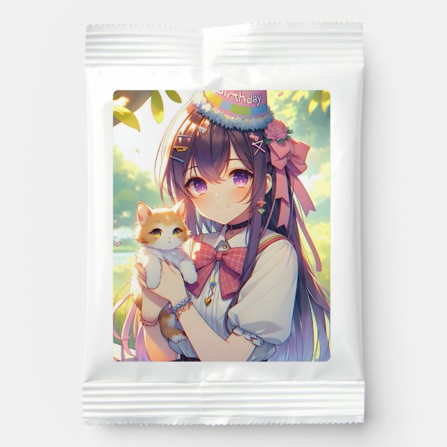 Pretty Anime Holding Kitten Girl's Birthday Lemonade Drink Mix (Front)