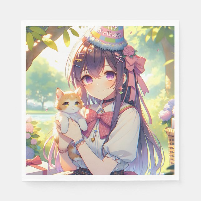 Pretty Anime Holding Kitten Girl's Birthday Napkins (Front)