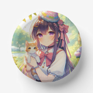 Pretty Anime Holding Kitten Girl's Birthday Paper Bowls