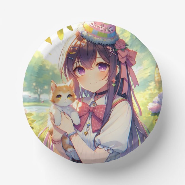 Pretty Anime Holding Kitten Girl's Birthday Paper Bowls (Front)