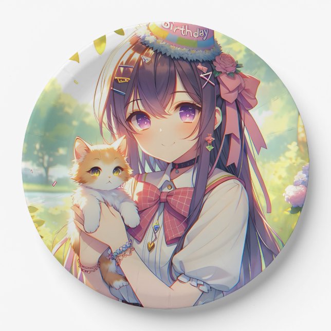 Pretty Anime Holding Kitten Girl's Birthday Paper Plates (Front)