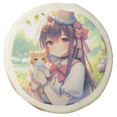 Pretty Anime Holding Kitten Girl's Birthday Sugar Cookie (Front)