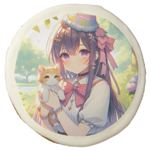 Pretty Anime Holding Kitten Girls Birthday Sugar Cookie