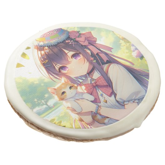 Pretty Anime Holding Kitten Girl's Birthday Sugar Cookie (Angled)