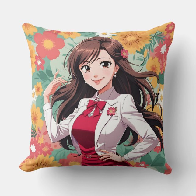 Pretty Anime Lady with Printed Floral Background Throw Pillow (Front)