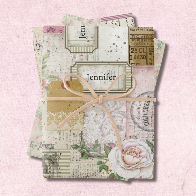 Pretty Antique Collage Add Name & Secret Message 3 Wrapping Paper Sheets (Creator Uploaded)