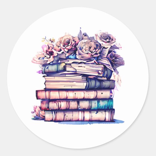 Pretty Antique Pile of Books and Vintage Roses Classic Round Sticker