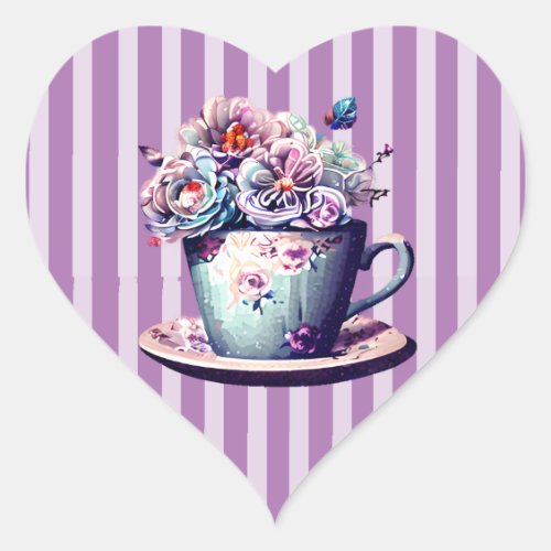 Pretty Antique Teacup with Vintage Flowers  Heart Sticker