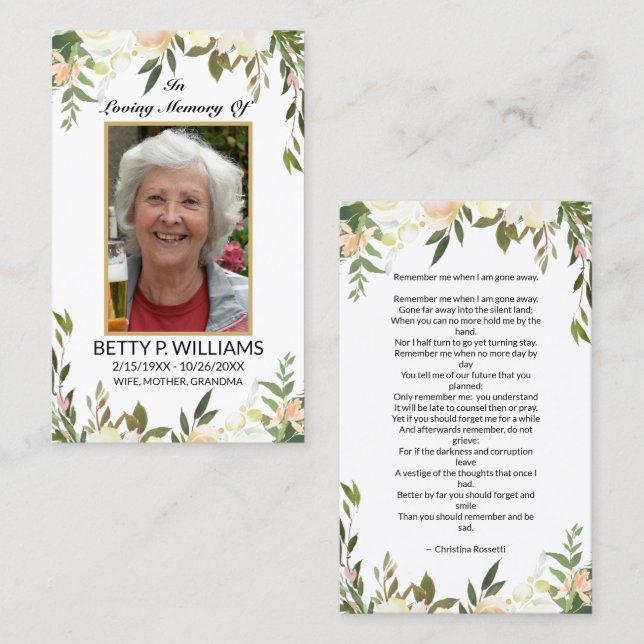 Pretty Antique White Floral Gold Frame Prayer Card (Front/Back)