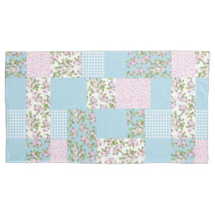 Pretty Apple Blossom Pink Blue Faux Patchwork Pillow Case