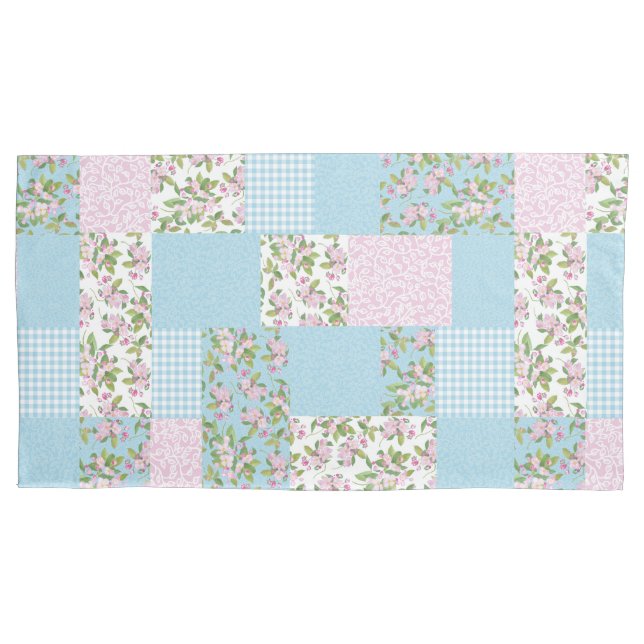 Pretty Apple Blossom Pink Blue Faux Patchwork Pillow Case (Front-Left)