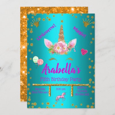 Pretty Aqua and Gold Magical Unicorn Birthday