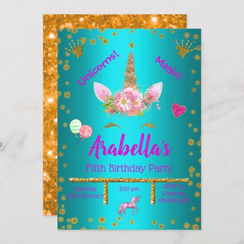 Pretty Aqua and Gold Magical Unicorn Birthday