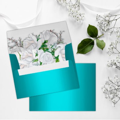 Pretty Aqua and White Floral Roses Wedding Envelop