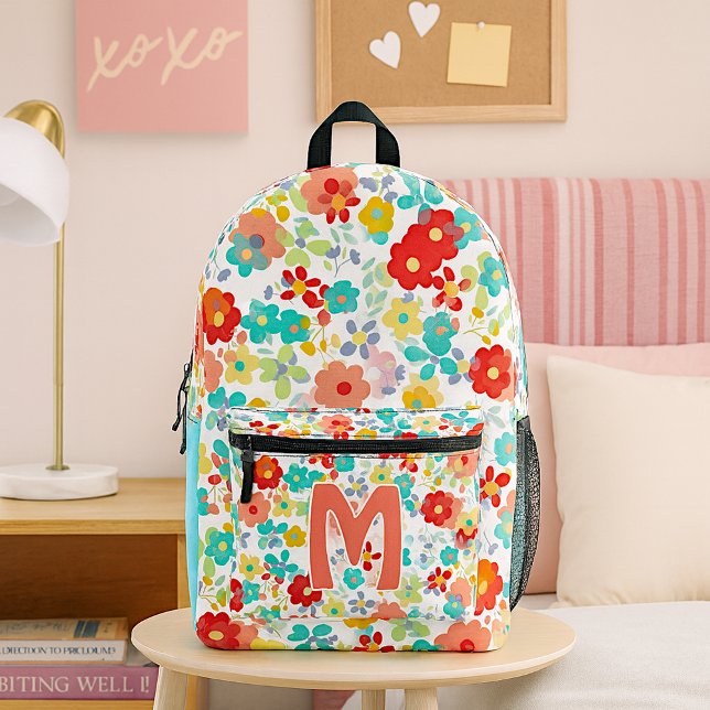 Pretty Aqua Blue Blush Pink Red Floral Pattern Printed Backpack (Creator Uploaded)