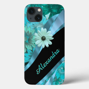 Pretty aqua blue floral pattern personalized iPhone 13 case