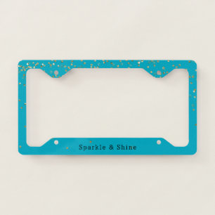 Pretty Aqua Blue Glitzy Gold Confetti Sparkle License Plate Frame